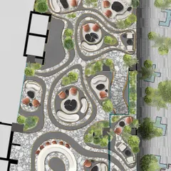 The floor plan for 'Spiced Martini'. This top-down view shows how the fluid pathways and pebble-shaped seating clusters are designed to encourage flow and social interaction, creating an organic and dynamic layout.