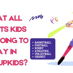 What sports will your kids play at Speedupkids? This graphic lists some of our core offerings, including basketball, football, rugby, athletics, volleyball, and cricket.