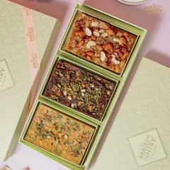 Why choose one when you can have three? This gift box features a selection of my finest mithai bars, including flavors like almond, pistachio, and chocolate, offering a delightful variety for any palate.