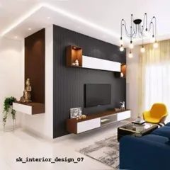 A contemporary TV unit with a floating console and a striking black fluted back panel. We incorporated open shelving in contrasting white and wood finishes, along with a dedicated space for a Buddha statue, blending modern design with tranquility.