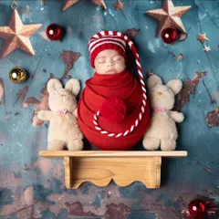 A sleepy little elf for Christmas. This adorable newborn is wrapped in red with a festive hat, ready for their first holiday season. The teddy bears add an extra touch of sweetness.
