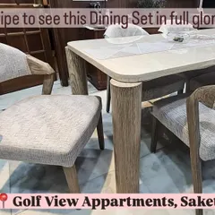 A wider view of the open-grain dining set, delivered to a client in Golf View Apartments, Saket. This shows how a six-seater set can fit perfectly into an apartment dining space.