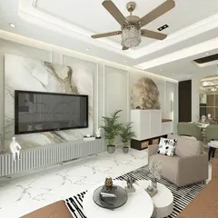 We designed this living room with a focus on clean lines and a sophisticated feel. The marble-clad TV wall adds a touch of luxury, while the fluted paneling on the console provides texture and a modern look.