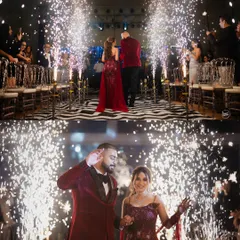 A grand entrance through a corridor of cold pyrotechnics. This is how you kick off a Sangeet night with sparkle and drama.