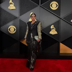 On the red carpet at the Grammys. I was so proud to represent India, wearing a beautiful ensemble from Raw Mango. This nomination was a win in so many ways.