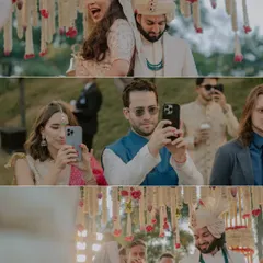 A collage of candid moments from the ceremony, showing the bride's joyful expression and guests capturing the moment on their phones. It’s all part of the story.