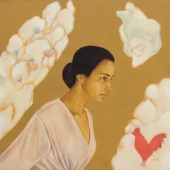 A close-up of a deeply reflective artwork by C.F. John. His paintings often explore themes of spirituality and human connection to nature, characterized by a soft palette and surreal compositions.