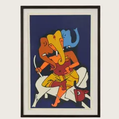 This playful Ganesha serigraph is protected with a dark wood frame and an off-white mount, creating a classic presentation. Our archival methods are essential for preserving the rich, layered inks unique to serigraphy.