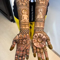 My expertise includes creating specialized designs for religious ceremonies, like this Jain Tapasya mehendi. It incorporates sacred symbols and figures, blending artistry with devotion.