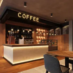 A 3D render for a cozy and modern coffee shop. The design centers around a well-lit service counter to draw customers in, using warm wood tones, focused pendant lighting, and clear branding to create an inviting and memorable neighborhood spot.