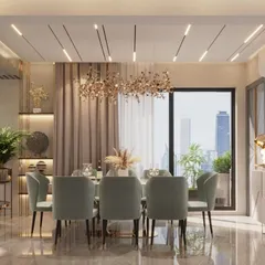 This dining room in Lucknow feels bright and airy, with a view of the city skyline. The design uses a soft color palette, a contemporary chandelier, and elegant furniture to create a space that is both stylish and welcoming.