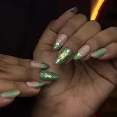 Another view of the celestial green set, showing how the gold details shimmer against the matte and glossy finishes.