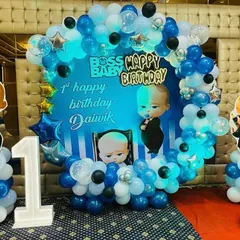 The Boss Baby theme is perfect for a first birthday. I use custom backdrops, character cutouts, and balloon pillars to create a fun setup for your little boss.