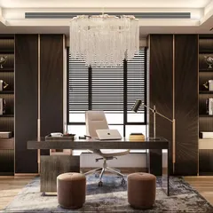 A classic take on luxury, this director's cabin features dark wood, gold accents, and a grand chandelier. The layout is designed for functionality, with ample storage and a clear separation between the personal workspace and guest seating.