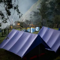 Tents pitched at my Munnar campsite with a misty mountain backdrop, offering a true "into the wild" feeling.