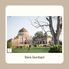 The Bara Gumbad and its adjacent mosque in Lodi Garden. This imposing square tomb is a fine example of Lodi architecture and likely served as a gateway to the mosque.