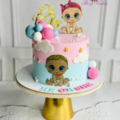He or She, what will the baby be? A sweet surprise wrapped in pastel dreams, this gender reveal cake features cute baby illustrations and an 'Oh Baby' topper.