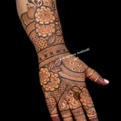 A detailed look at the back of a hand adorned with an intricate floral and patterned design. This single-hand view highlights the complexity and artistry involved in a full bridal mehendi.