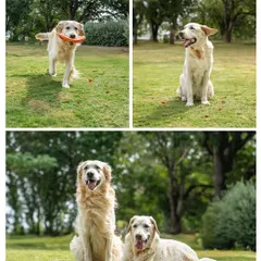 A collage from Ice and Gundu's session. It shows the contrast between the calm, senior mother Ice and her playful, frisbee-loving son Gundu.