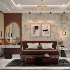 Your bedroom should be a personal sanctuary of serenity and style. We designed this master suite with a rich, royal color palette, a statement headboard, and custom wallpaper to create an atmosphere of pure opulence. Notice the layered lighting and textures that add depth and comfort.