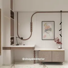 This custom workspace is designed for creativity and focus. The floating desk keeps the floor area clear, while the unique, curved shelving and bead-leg details add an artistic touch. It's a functional corner that doesn't sacrifice style.