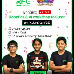 Surat parents, get ready for our live Robotics & AI workshop at PlayCon'25. This is a great opportunity for your child to explore, build, and learn in a fun environment.
