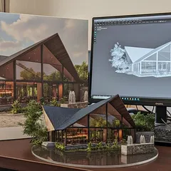 A perfect example of our 'AI x Reality' approach. Here, the detailed 3D model of The Bliss Hall is displayed next to its digital counterpart and a high-quality print, showcasing our meticulous planning process for every project.