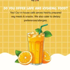 Do we offer safe and hygienic food? Yes! This FAQ graphic explains that our in-house café serves freshly prepared vegetarian meals and we cater to dietary needs.