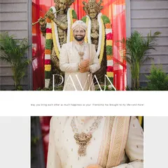 A portrait of the groom, Pavan, in his custom wedding attire. The collage highlights both his confident stance and a close-up of the intricate necklace and the delicate embroidery on his silk sherwani.