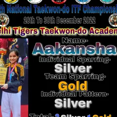Aakansha's national results, earning a Gold in Team Sparring and two Silvers in Individual Sparring and Individual Pattern. Her performance shows great skill across multiple disciplines.