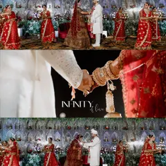 A collage titled "Infinity of Love," showcasing the Varmala ceremony. The images capture the couple exchanging garlands, holding hands, and the beautiful decor with birdcages, symbolizing their eternal bond.