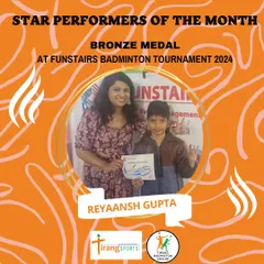 Celebrating our star performer, Reyaansh Gupta, who won a bronze medal at the Funstairs Badminton Tournament. His hard work in training is clearly paying off.