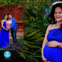 This collage shows different ways to announce a baby girl, using a foot-shaped balloon and a beautiful blue gown. It's a great way to capture multiple ideas in one shoot.
