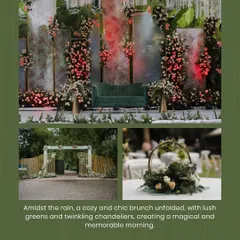 This collage showcases a chic brunch reception held in a lush, green setting. The event featured a modern stage with a floral-patterned backdrop, a bamboo gate entrance, and elegant table centerpieces, blending natural beauty with contemporary design.