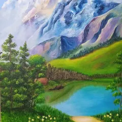 This stunning oil painting of the Alps was created by my 16-year-old student, Charunethra. She has beautifully captured the grandeur of the mountains and the serenity of the lake.