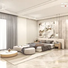 A luxurious master bedroom featuring a wide, upholstered headboard, elegant wall paneling, and a soft, neutral color scheme. The space is designed to feel expansive and serene, with marble flooring and ample natural light.