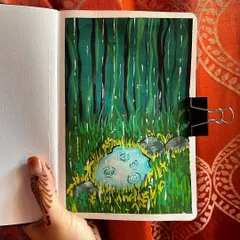 This was my very first attempt at painting with gouache! I think it turned out "not so perfect," but I learned so much about the medium and had a great time creating this little forest pond scene.