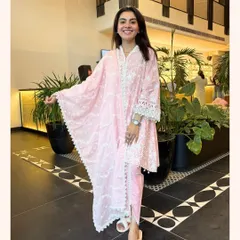 Pretty in pink. This soft pink kurta set features an elegant ombre effect and is finished with my signature lace trim for a feminine touch.