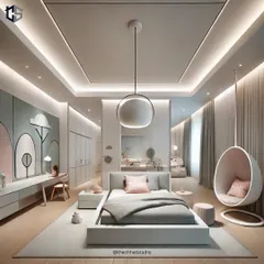 Another view of this dreamy kids' bedroom, showcasing the integrated desk and storage. The design ensures the room is not just for sleeping but also for creative play and focused study, all within a cohesive, gentle aesthetic.
