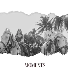 A beautiful black and white artistic edit of a couple on horseback, creating a timeless and romantic "unforgettable moments" poster.