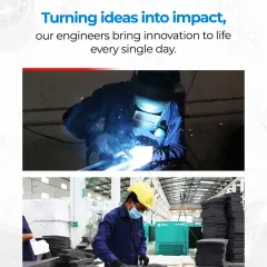 Our engineers bring innovation to life every single day. A welder works with precision on a structural component, and a technician carefully prepares materials, demonstrating the skill and dedication that goes into manufacturing our energy solutions.