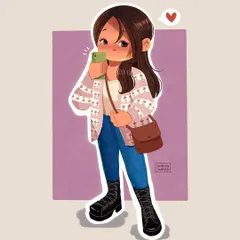 A full-body character illustration of my personal avatar wearing my favorite 'picnic sweater'. This shows how I can turn real-life outfits and people into cute, stylized characters.