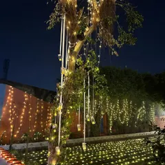A lawn filled with a grid of small lights and trees wrapped in fairy lights created a truly enchanting atmosphere for this festive evening.
