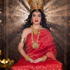 A direct portrait from the Varamahalakshmi shoot, showcasing the classic red lip and defined eyes.