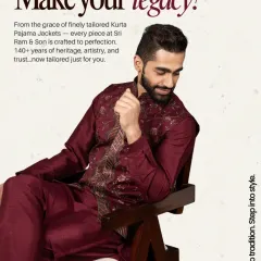 Drape yourself in a story over 140 years in the making. This image captures the essence of my legacy, featuring a deep maroon kurta pajama set with a finely embroidered matching jacket. It’s more than an outfit; it’s a piece of heritage, artistry, and trust, tailored just for you.