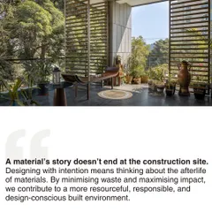 A material's story doesn't end at the construction site. This image of a serene balcony, built with thoughtfully sourced wood, is accompanied by our philosophy on minimizing waste and maximizing impact.