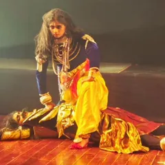 The climactic moment of Kamsa's defeat, a scene filled with intense emotion and powerful abhinaya (expression). My artists fully immerse themselves in their characters to deliver a performance that is both dramatic and authentic to the story.