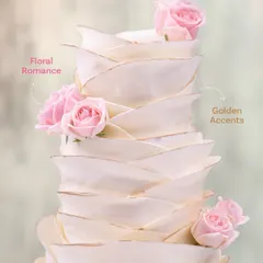 A closer look at the details of this dreamy wedding cake. The soft pink roses and handcrafted folds with golden accents come together to create a truly elegant and romantic design.