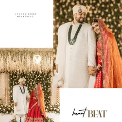 A collage of a couple on their wedding day, featuring a full-length portrait and a close-up. The beautiful floral backdrop and their coordinated outfits create a picture of pure elegance.