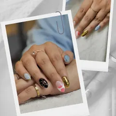 A closer look at this eclectic and artistic nail set. Each nail tells its own story, from the pink and white abstract to the black leopard print and the solid gold chrome.